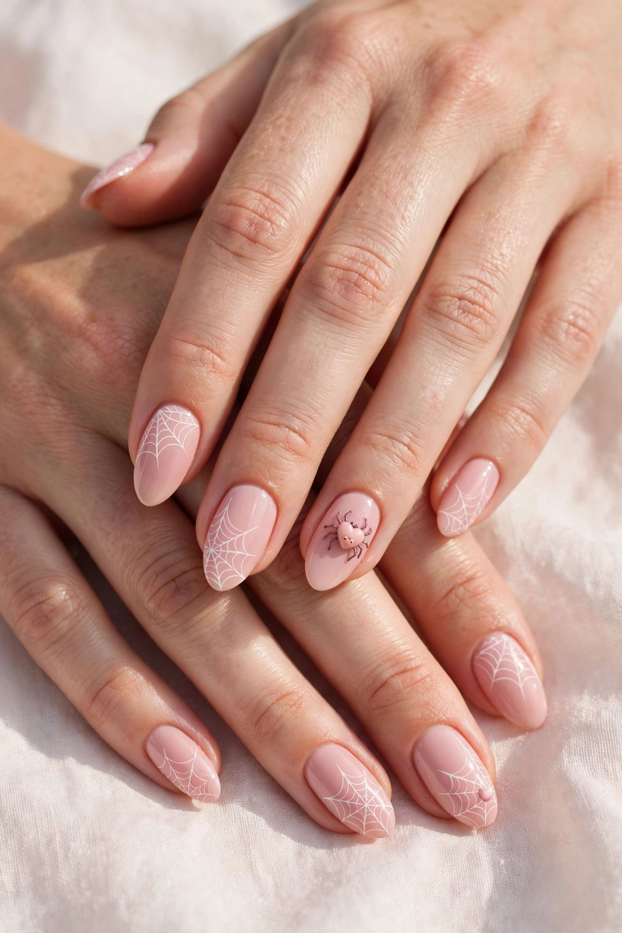 Spiderweb Halloween nails cute pink webs with heart spider accent on real hands