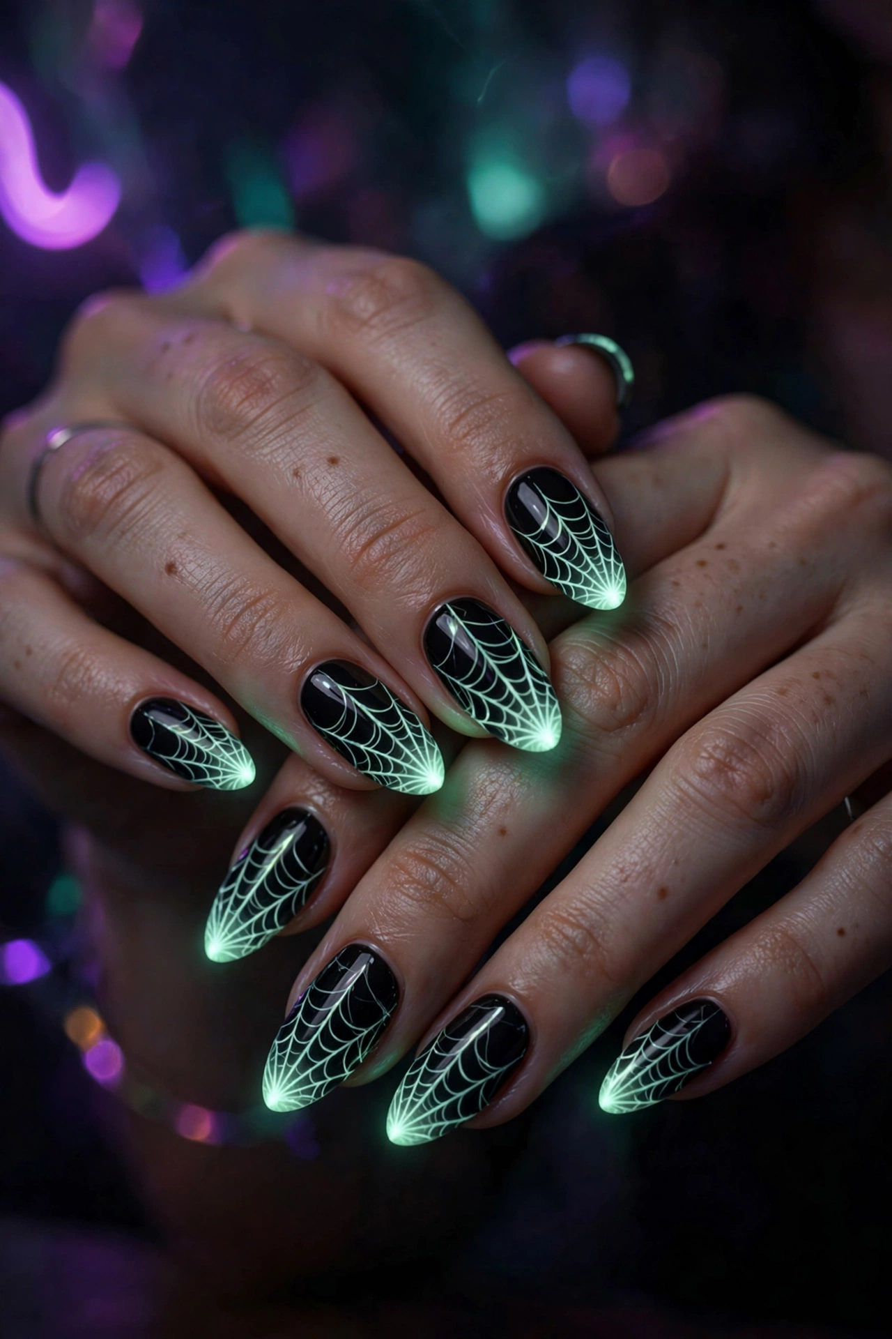 Spiderweb Halloween nails glow in the dark web tips on black nails on real hands