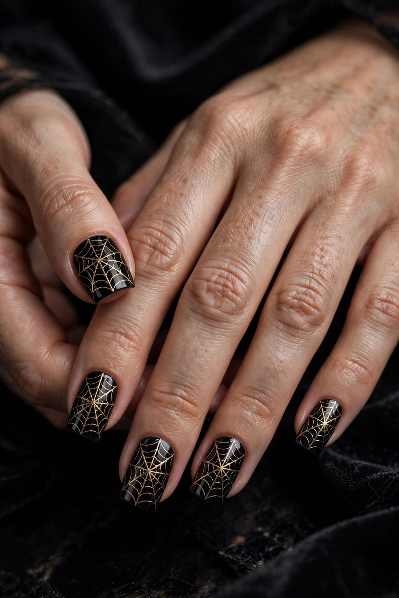 Spiderweb Halloween nails gold metallic webs on deep black square nails on real hands