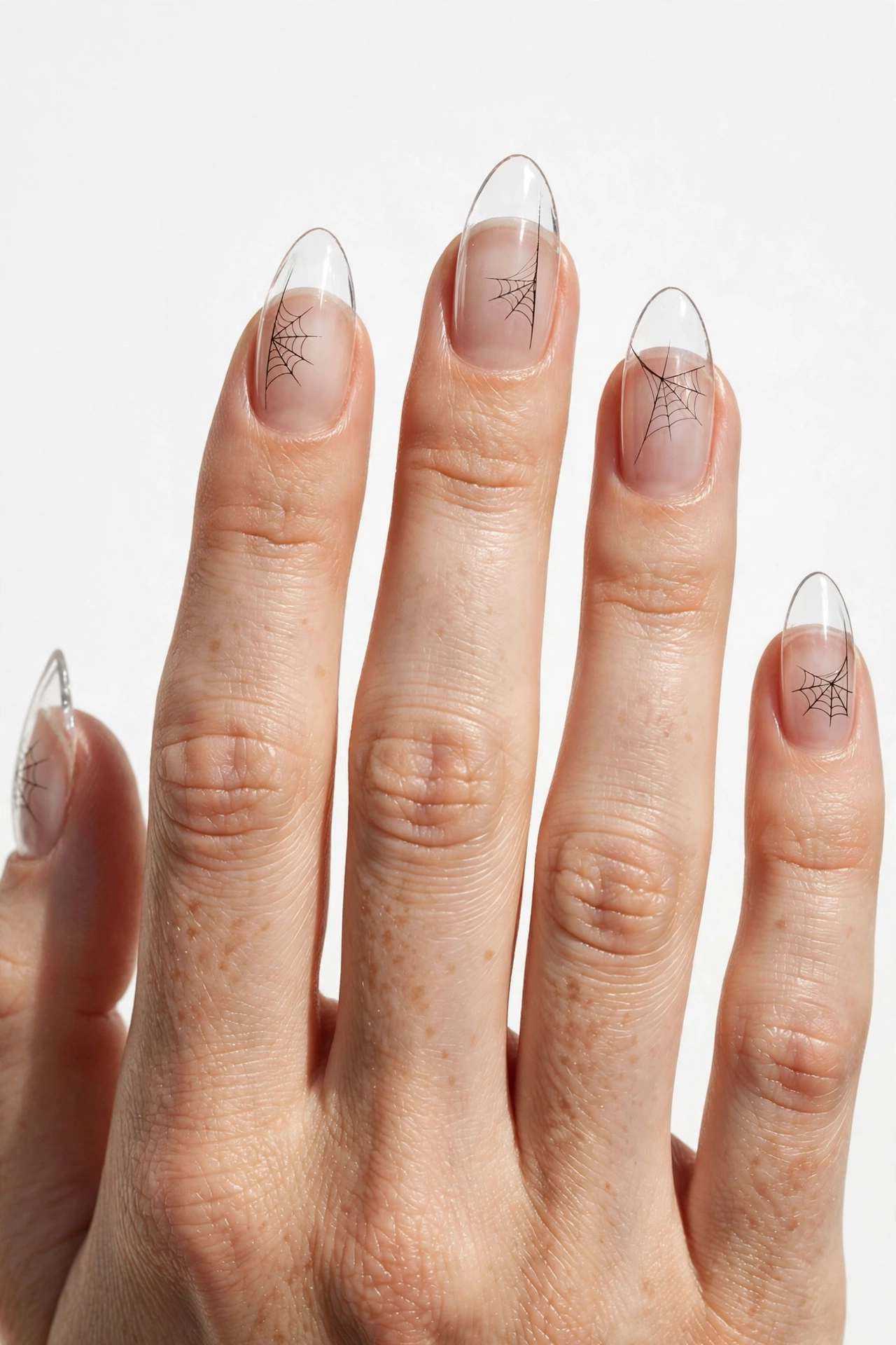 Spiderweb Halloween nails clear jelly minimalist negative space web on real hands