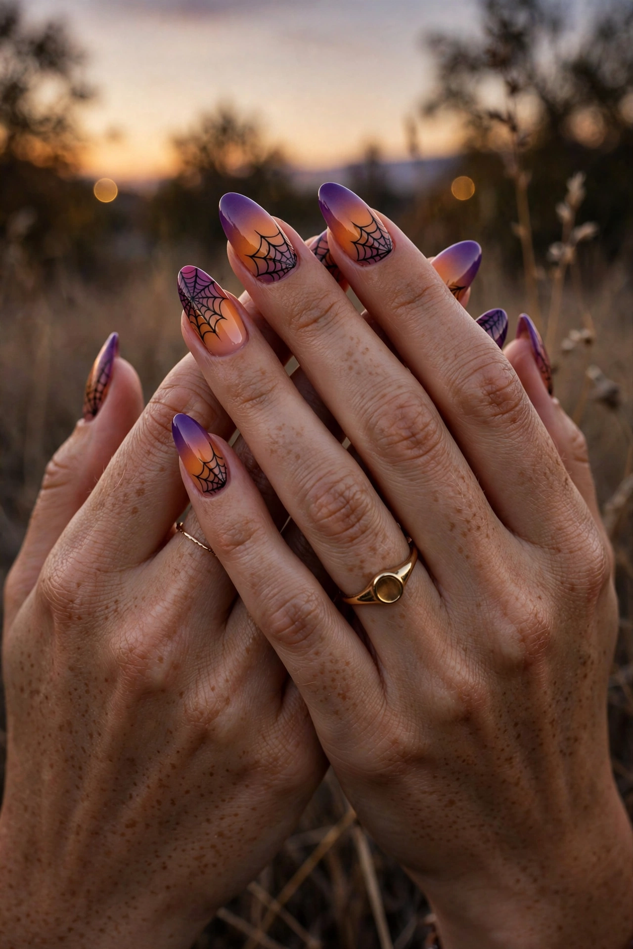 Spiderweb Halloween nails orange purple ombre sunset gradient with black webs on real hands