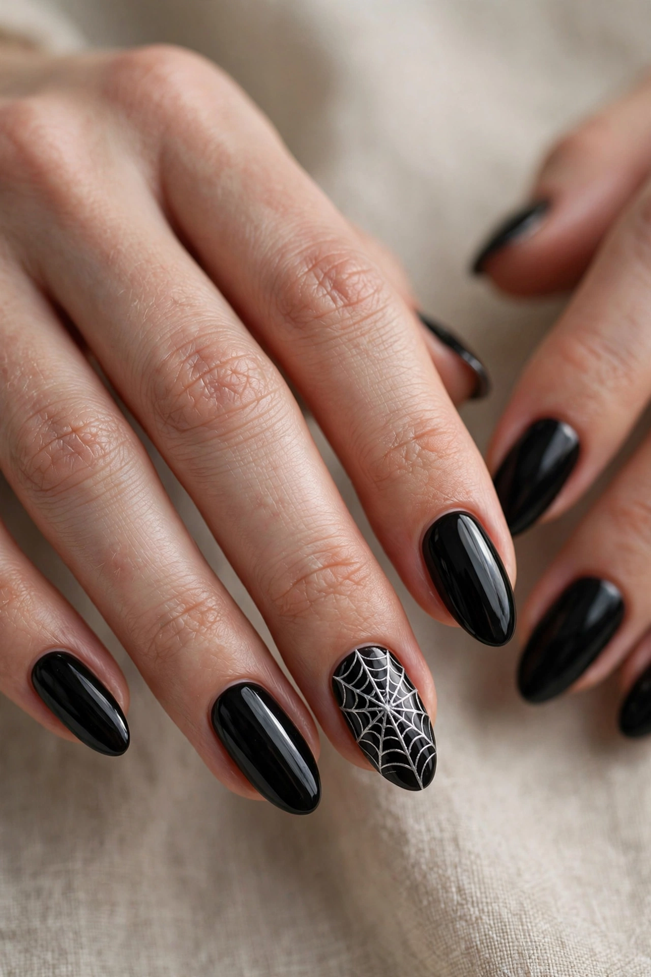 Spiderweb Halloween nails black almond with one silver web accent nail on real hands