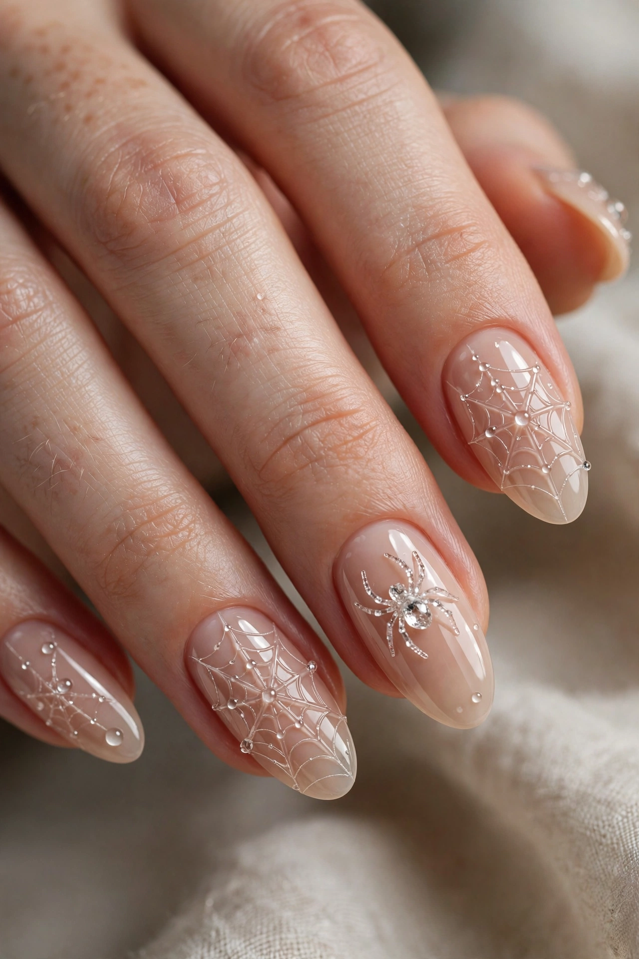 Spiderweb Halloween nails 3D dewdrop web with crystal spider on nude nails on real hands