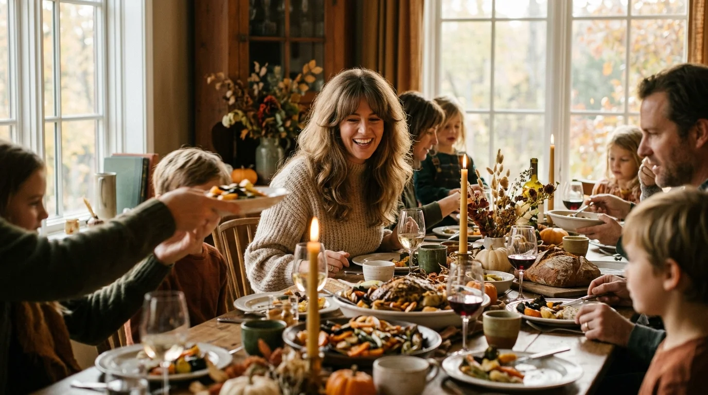 Soft blowout curtain bangs thanksgiving hairstyles for family dinner