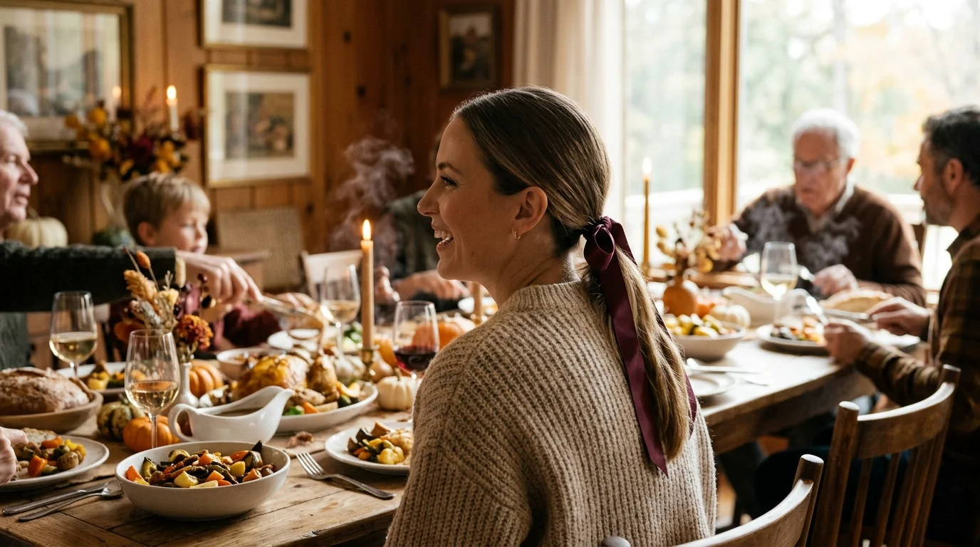 Sleek low ponytail ribbon thanksgiving hairstyles elegant dinner look