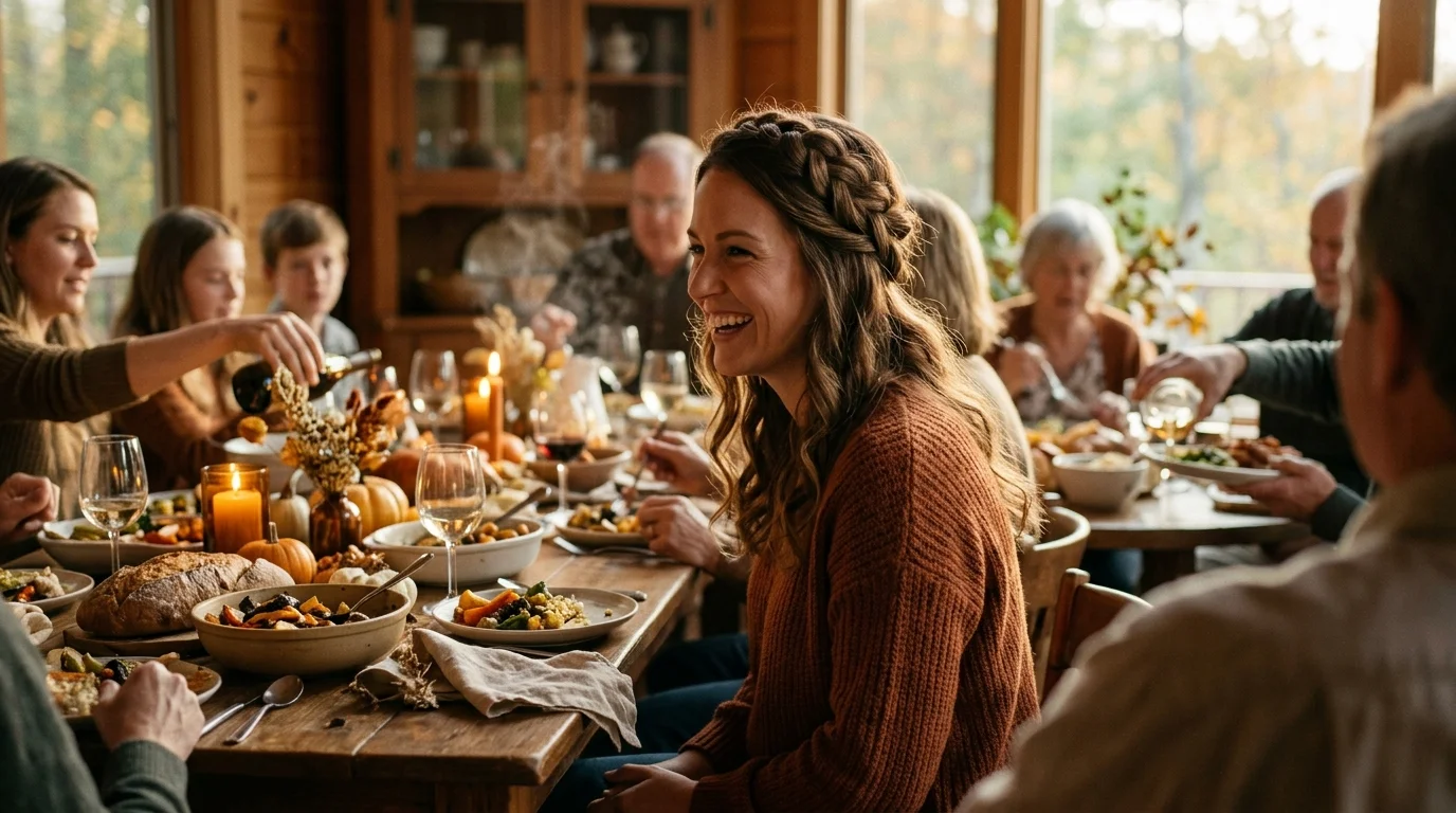 Braided crown half up thanksgiving hairstyles with soft waves