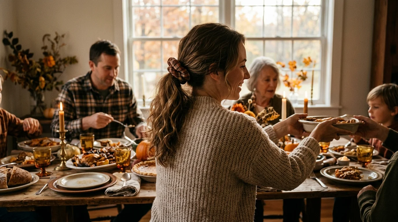 Wavy ponytail fall scrunchie thanksgiving hairstyles cozy look