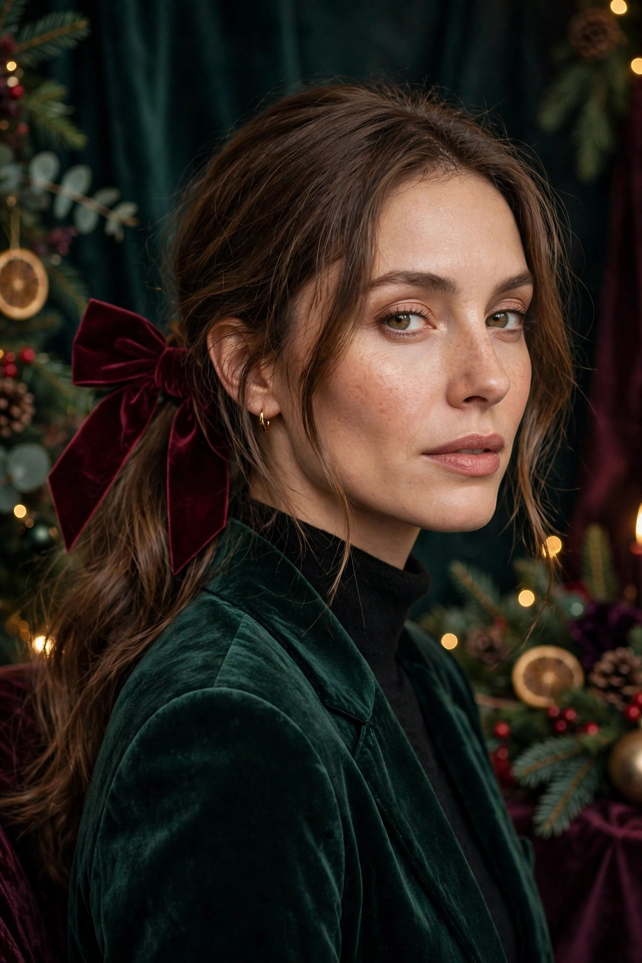 Velvet bow hairstyles idea 1 - burgundy velvet bow low ponytail on a real woman, Christmas holiday hairstyle