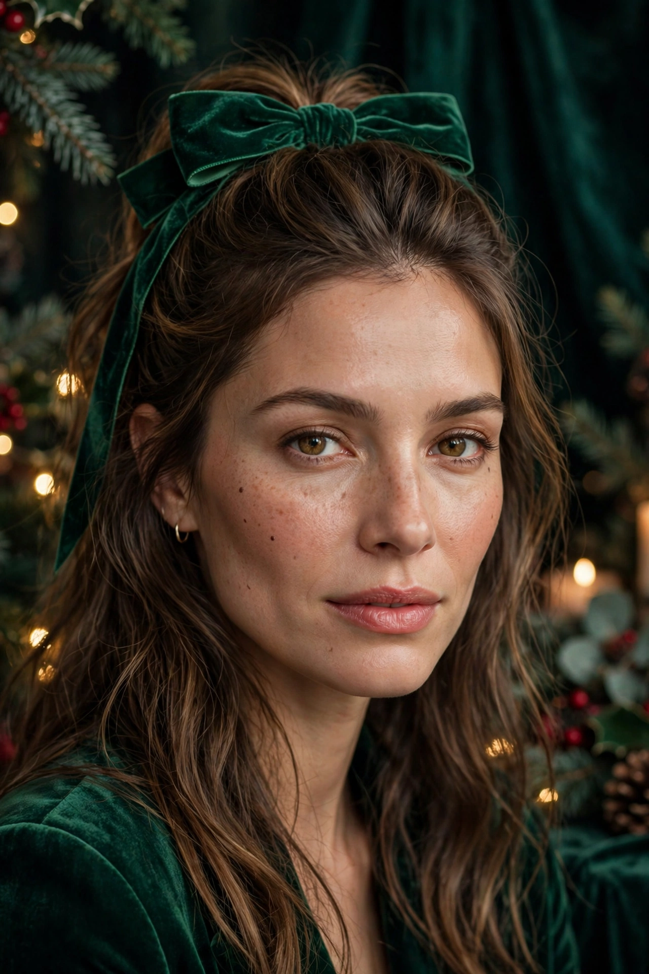 Velvet bow hairstyles idea 2 - emerald green velvet bow half-up hairstyle on a real woman, Christmas holiday hairstyle