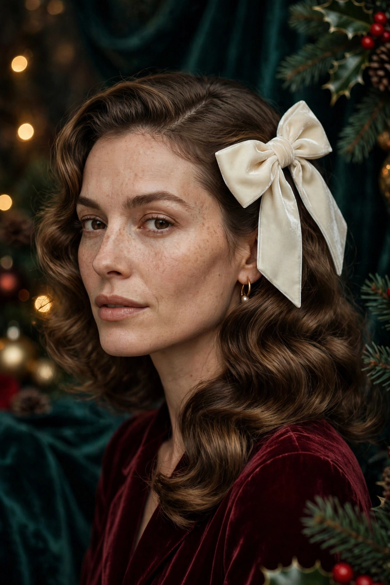 Velvet bow hairstyles idea 4 - ivory velvet bow Hollywood waves hairstyle on a real woman, Christmas holiday hairstyle