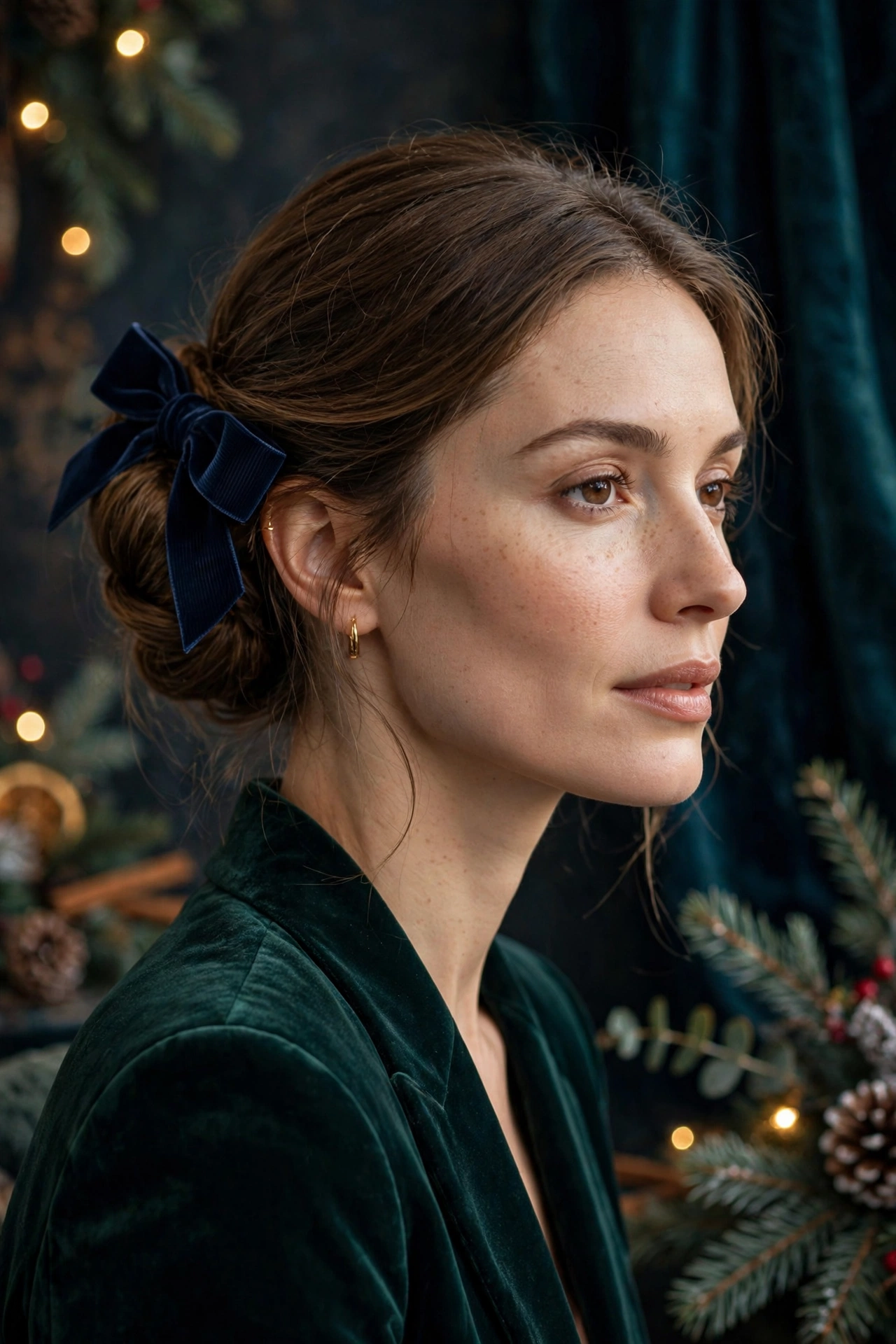 Velvet bow hairstyles idea 5 - navy velvet bow low chignon bun on a real woman, Christmas holiday hairstyle