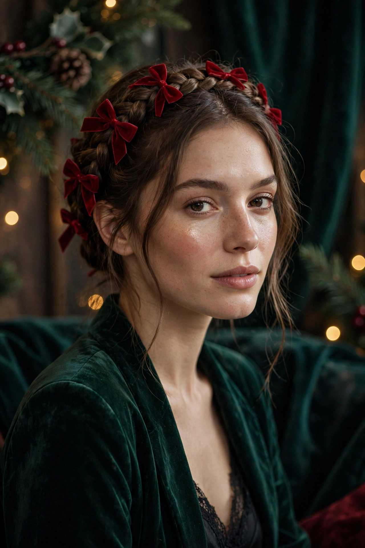 Velvet bow hairstyles idea 6 - red velvet mini bows braided crown hairstyle on a real woman, Christmas holiday hairstyle