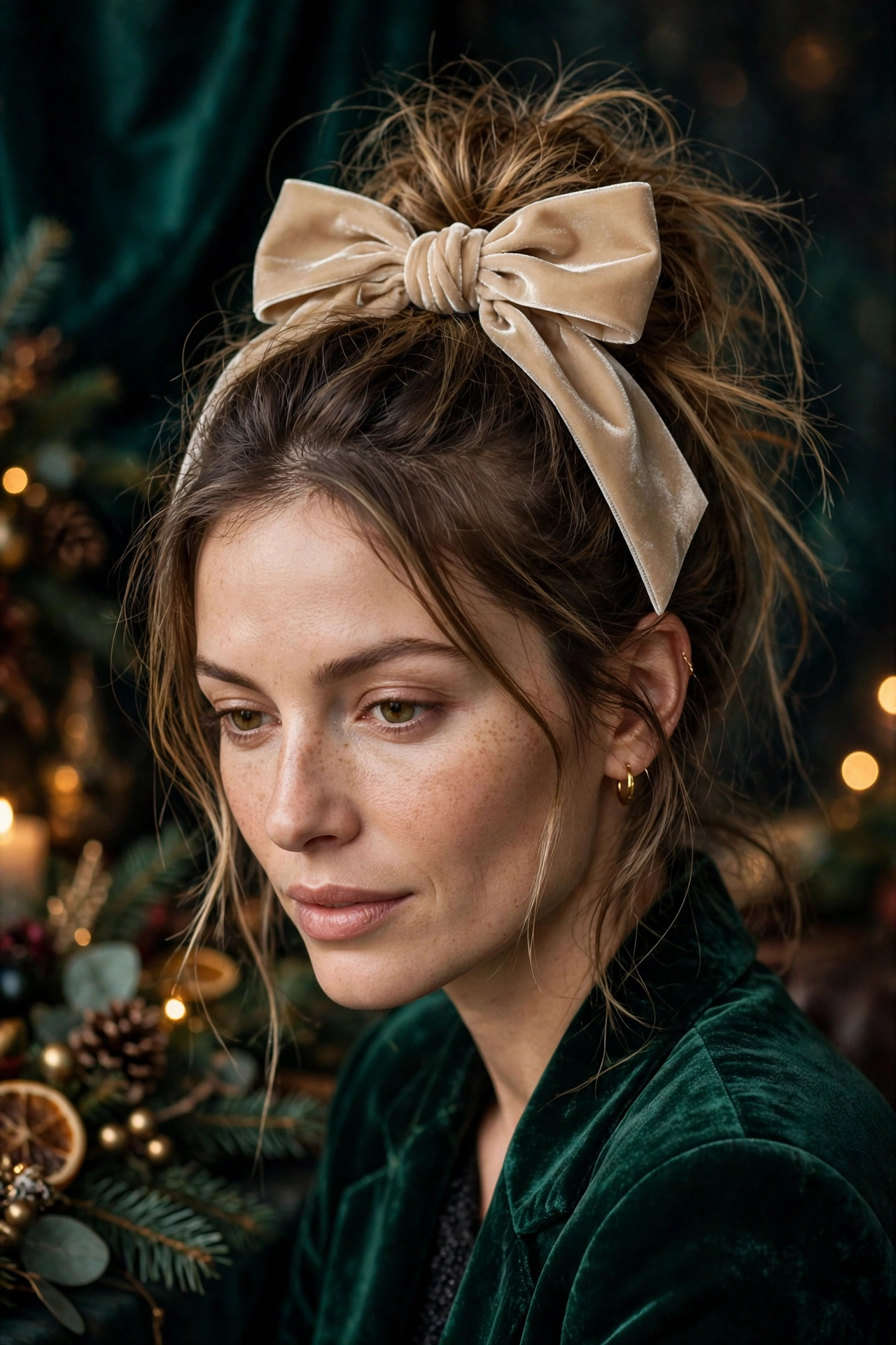 Velvet bow hairstyles idea 7 - champagne velvet bow messy bun hairstyle on a real woman, Christmas holiday hairstyle