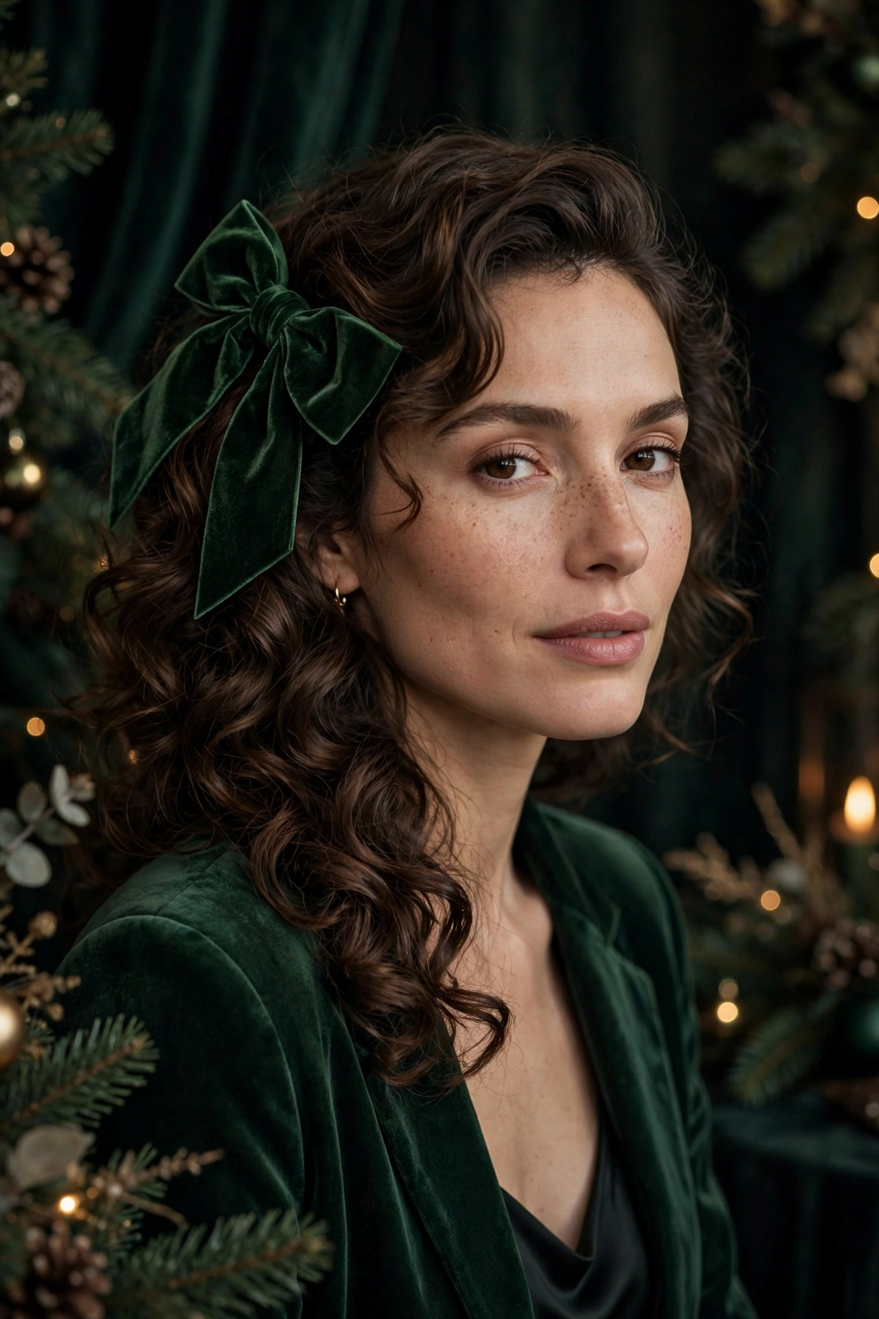 Velvet bow hairstyles idea 8 - forest green velvet bow side swept curls on a real woman, Christmas holiday hairstyle