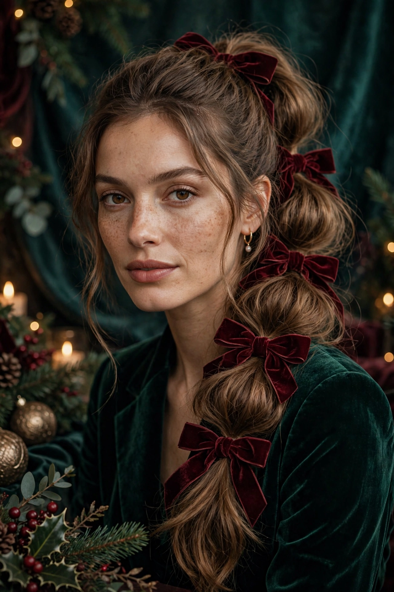 Velvet bow hairstyles idea 10 - velvet ribbon bows bubble ponytail hairstyle on a real woman, Christmas holiday hairstyle
