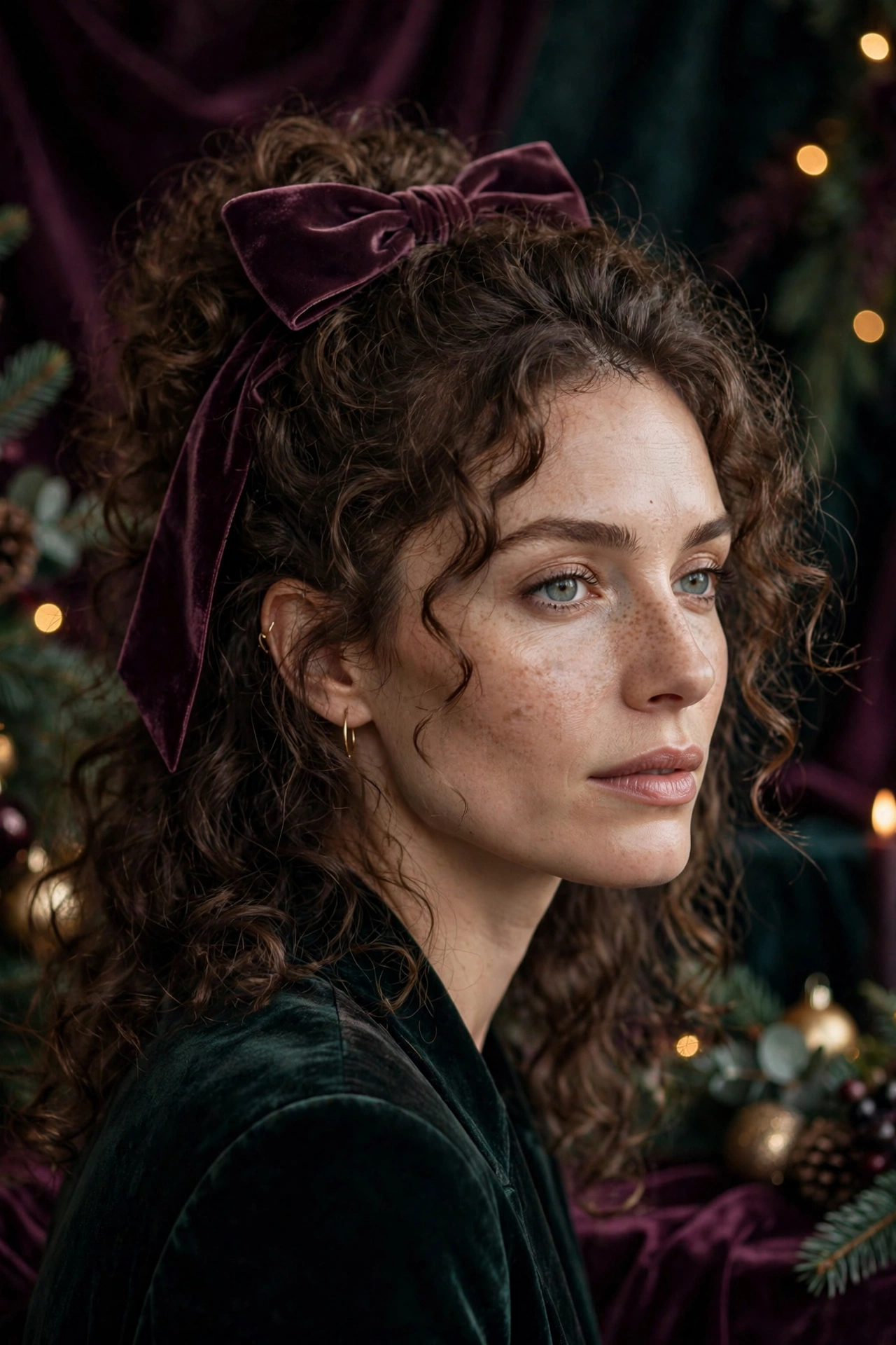 Velvet bow hairstyles idea 13 - plum velvet bow curly half up hairstyle on a real woman, Christmas holiday hairstyle