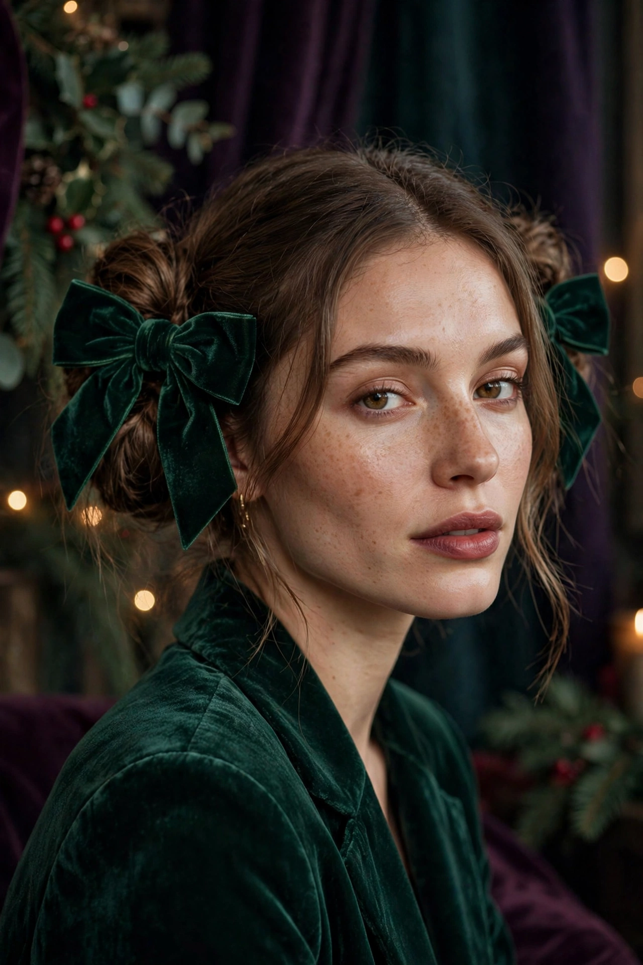Velvet bow hairstyles idea 14 - double velvet bows twin low buns hairstyle on a real woman, Christmas holiday hairstyle