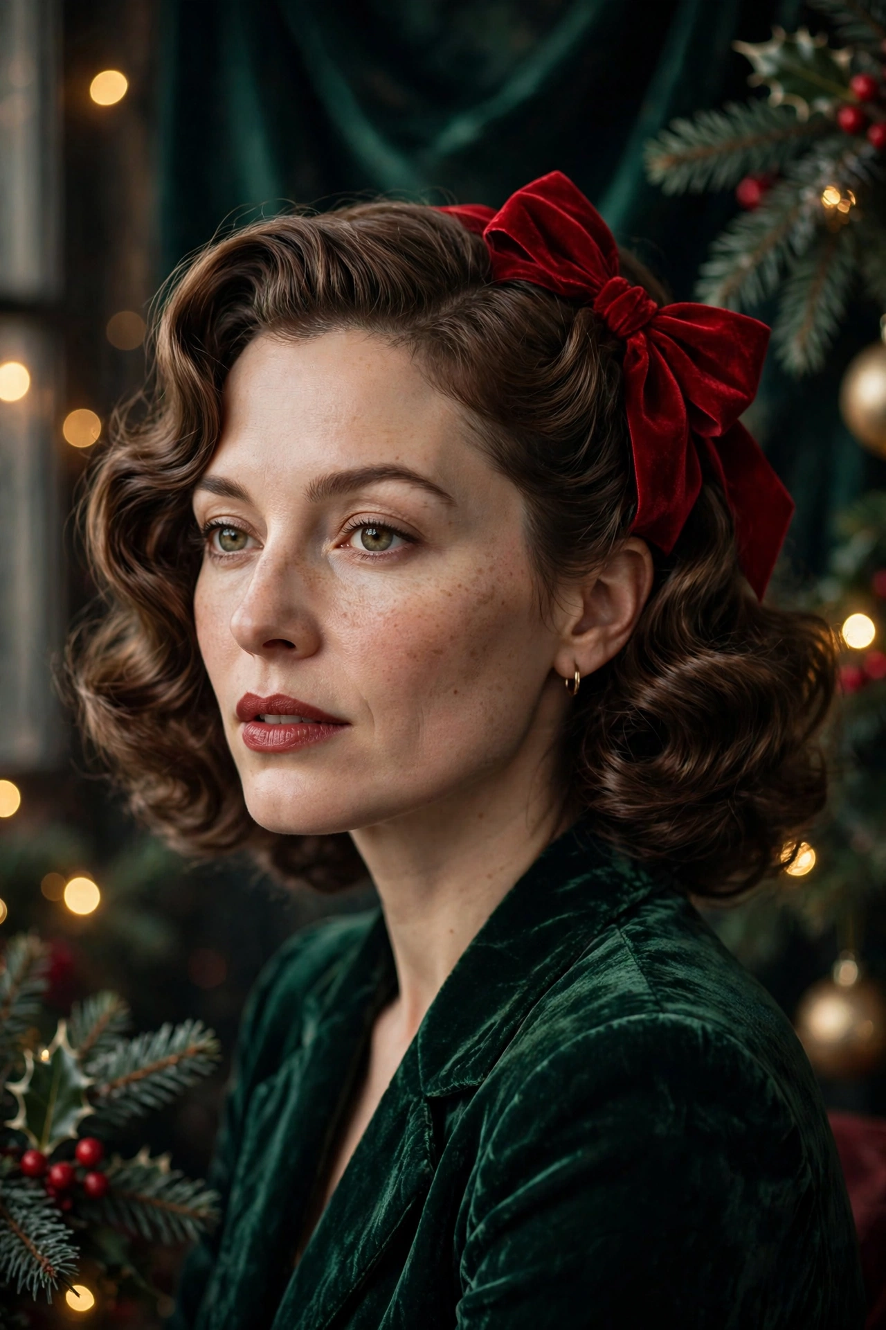 Velvet bow hairstyles idea 15 - red velvet bow vintage waves hairstyle on a real woman, Christmas holiday hairstyle