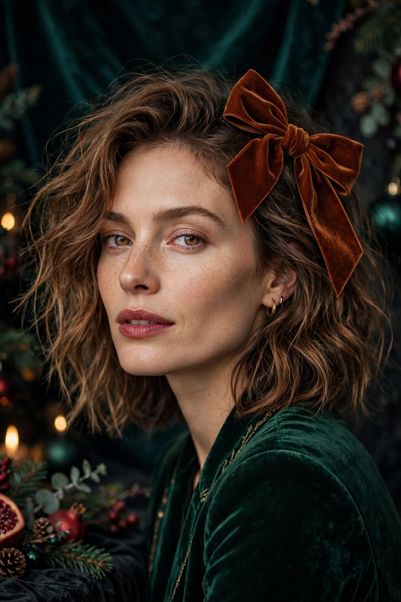 Velvet bow hairstyles idea 17 - cinnamon rust velvet bow tousled waves hairstyle on a real woman, Christmas holiday hairstyle