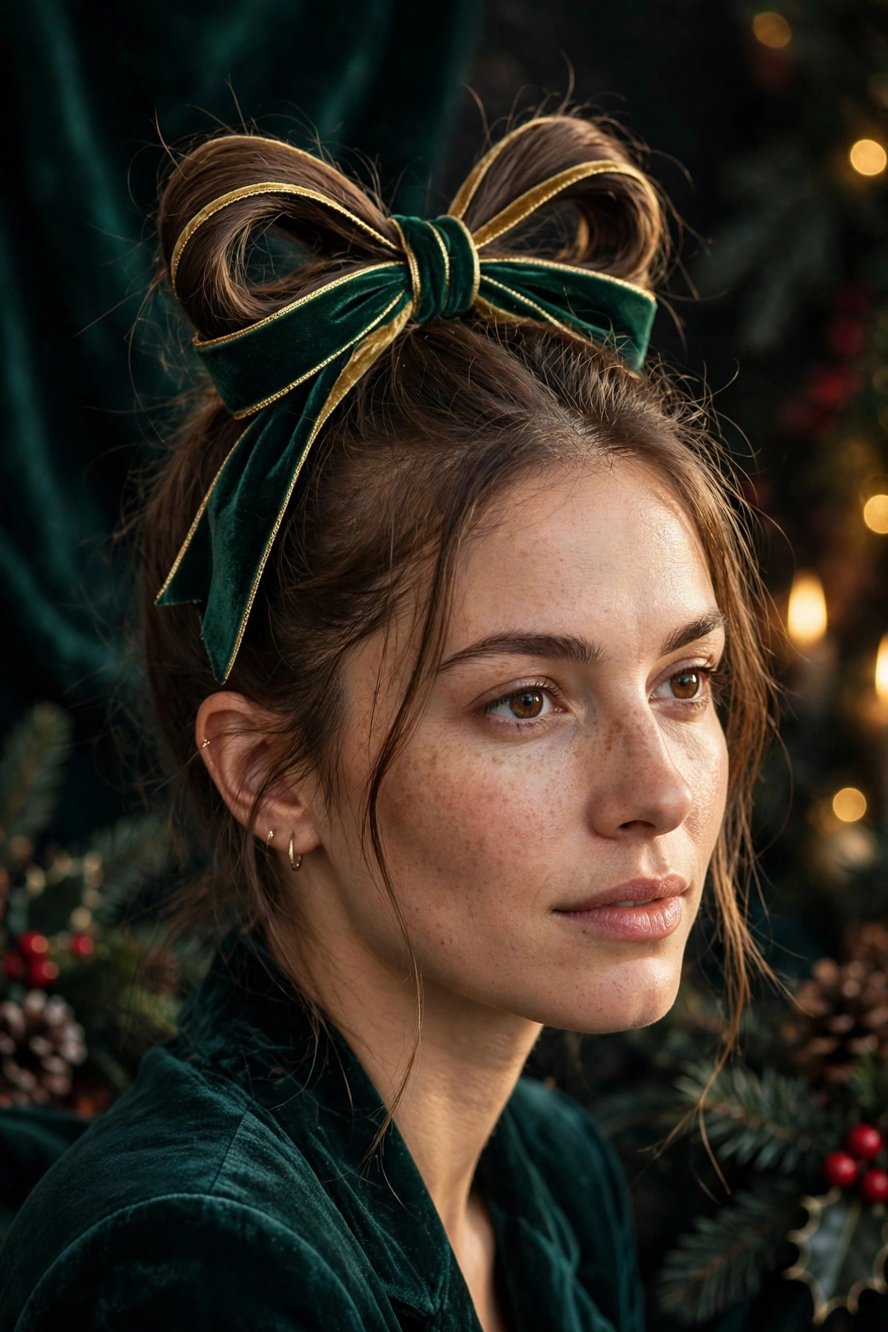 Velvet bow hairstyles idea 18 - gold trimmed velvet bow top knot hairstyle on a real woman, Christmas holiday hairstyle