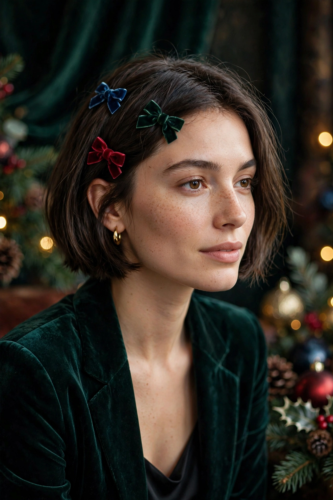 Velvet bow hairstyles idea 19 - mini velvet bow clips short bob hairstyle on a real woman, Christmas holiday hairstyle