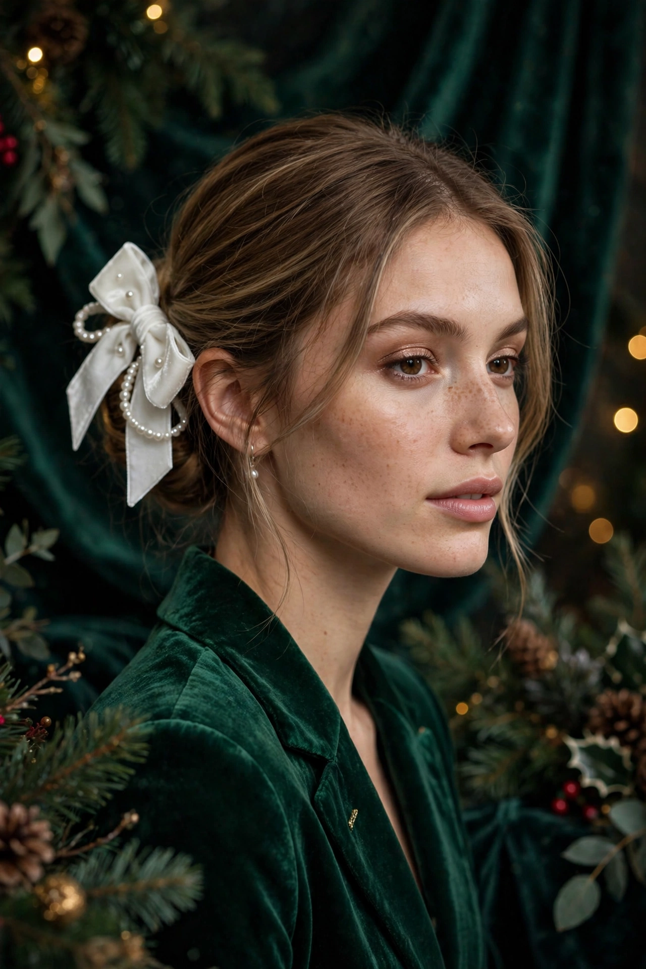 Velvet bow hairstyles idea 20 - white velvet bow pearl low updo hairstyle on a real woman, Christmas holiday hairstyle